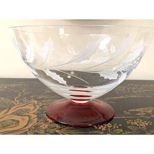 Lenox Crystal Holiday Etched Bowl Ruby Red Foot Holly Leaves Collection 9 1/4”